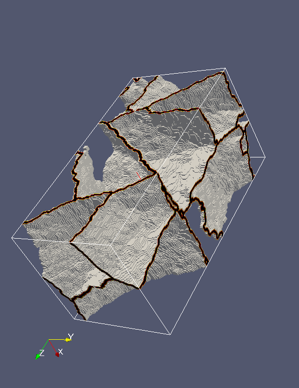 Two cleavage cracks in two grains